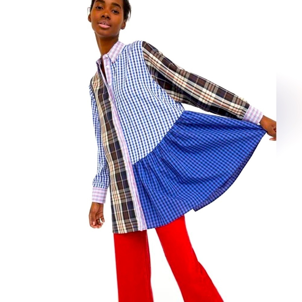Zara Mixed-Pattern Button-Down Shirt in Blue, Black, White, Brown